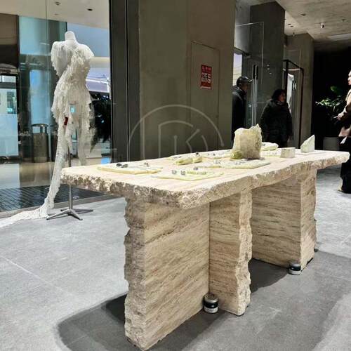 意式极简服装店天然洞石岛台餐桌设计师创意个性大理石茶台咖啡桌
