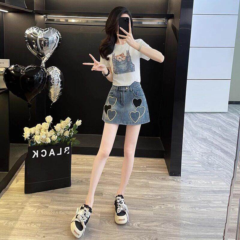 SUPDORX~小香风休闲运动套装女夏季炸街减龄短袖牛仔短裤裙两件套