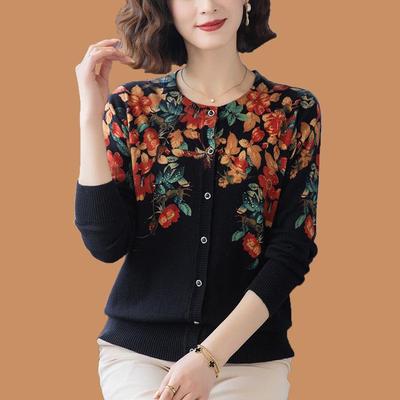 中老年女装羊毛开衫时尚复古印花针织衫秋冬新品妈妈装羊绒衫外套