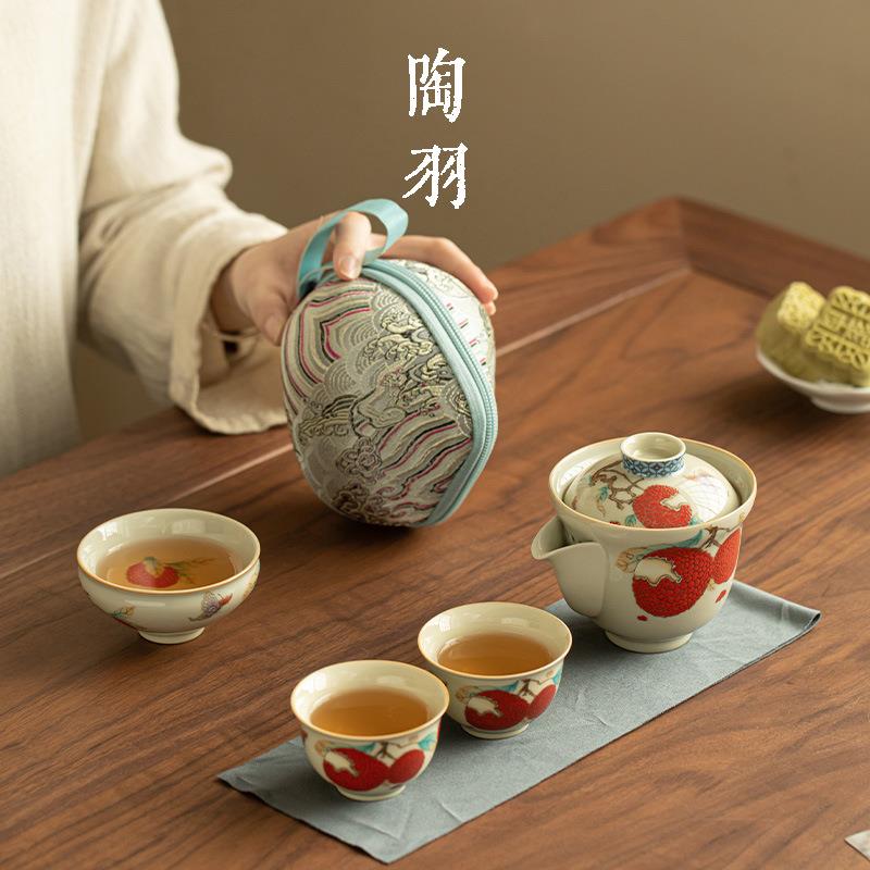 荔枝陶瓷手抓壶一壶三杯家用泡茶壶茶杯户外便携式旅行茶具