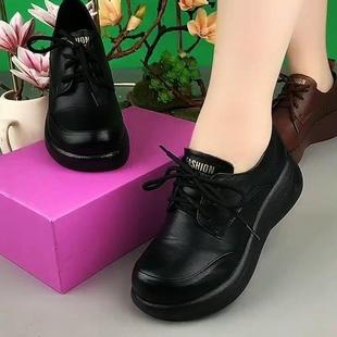 休闲百搭舒适软底妈妈鞋 单鞋 新款 2025秋季 女圆头系带松糕厚底皮鞋