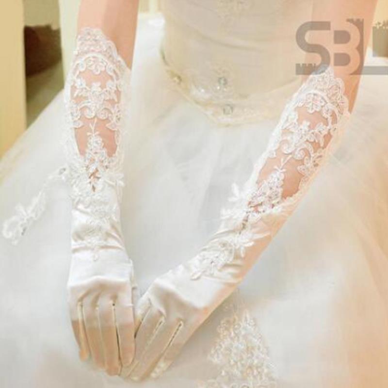 秋冬季新娘手套高级感婚纱结婚礼服缎面蕾丝长版白色全指晚装宴会