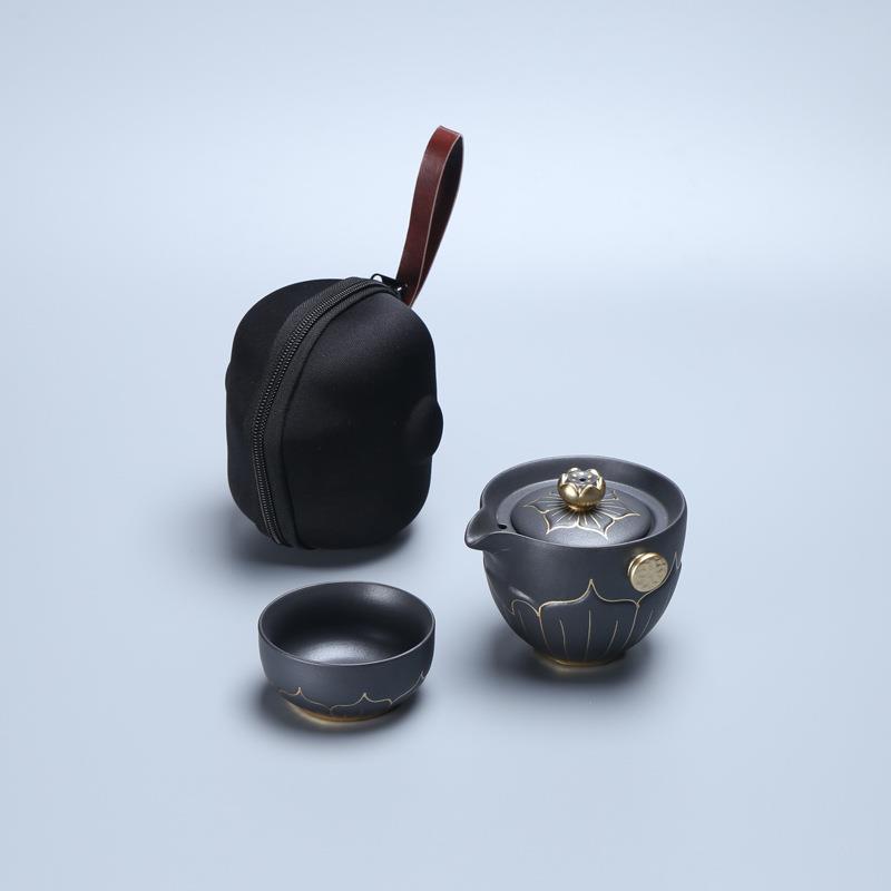联纵 手绘粗陶描金莲花快客杯户外便携式旅行茶具套装