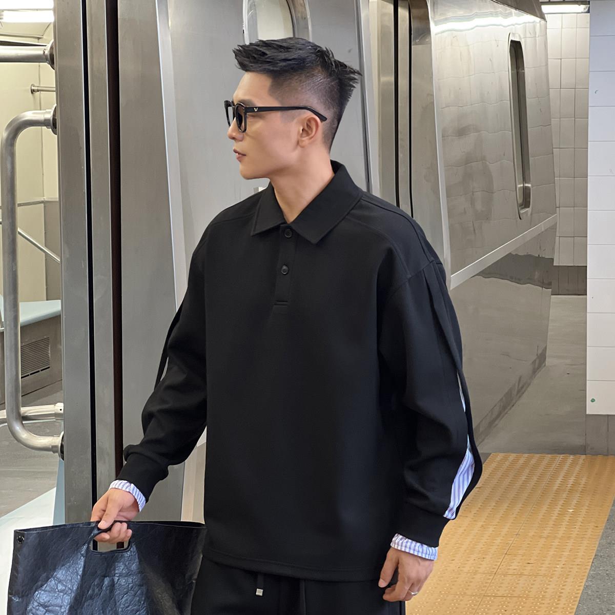二十二号穿搭韩版假两件条纹男士春季休闲上衣宽松高级感百搭长袖