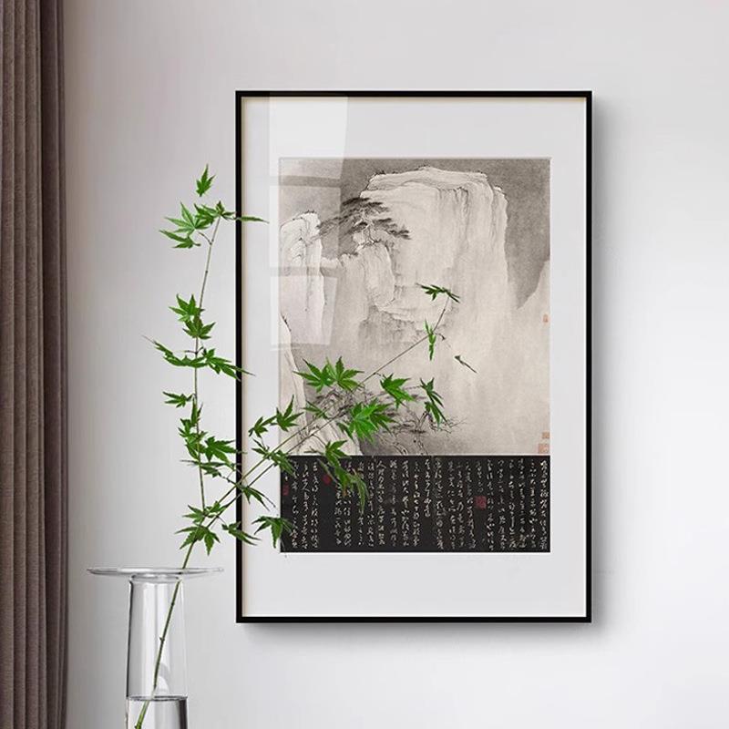 新中式酒店玄关竖版大幅装饰画软装设计师茶室书房石头挂画书法