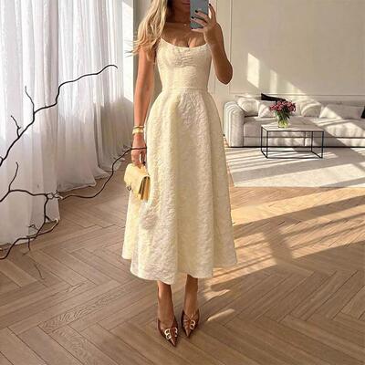 Pure Color Floral Jacquard Halter Sleeveless Dress Square