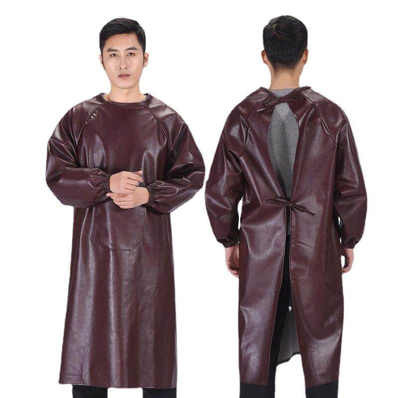 防水防油皮革围裙成人反穿衣倒背PU皮罩衣男长袖加厚工作服女围腰