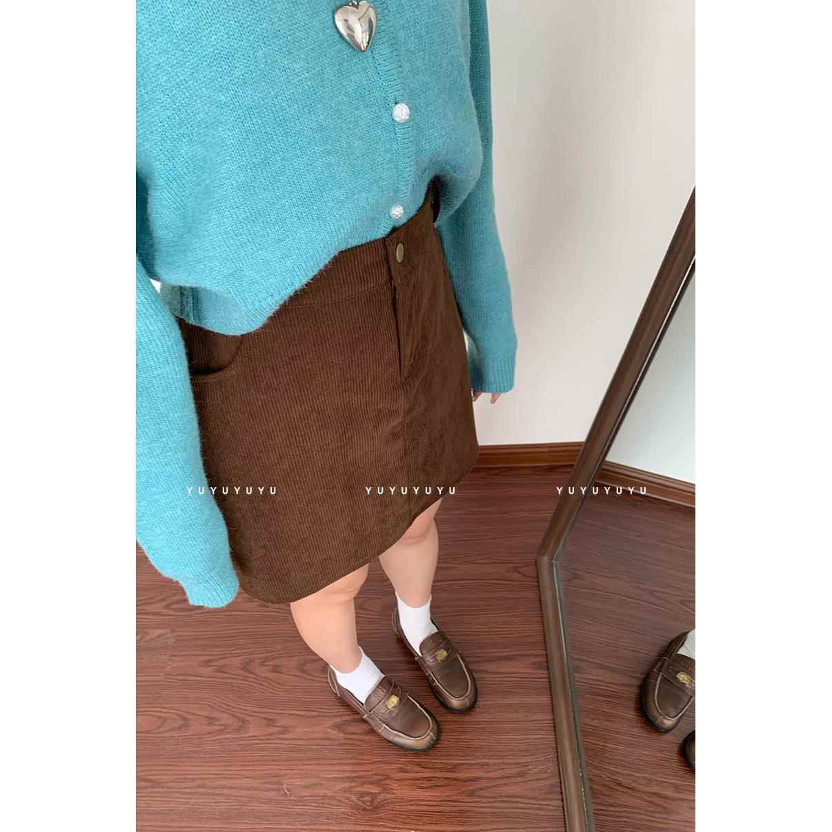 与与予鱼 大码胖mm半身裙女秋冬季咖色a字灯芯绒包臀裙子棕色短裙