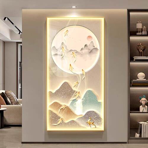 九鱼聚财LED灯画玄关入户装饰画新中式客厅竖版走廊过道尽头壁画