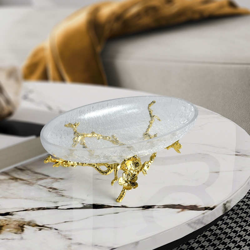欧式轻奢水晶玻璃金属果盘美式高档奢华别墅客厅餐桌水果盘摆件