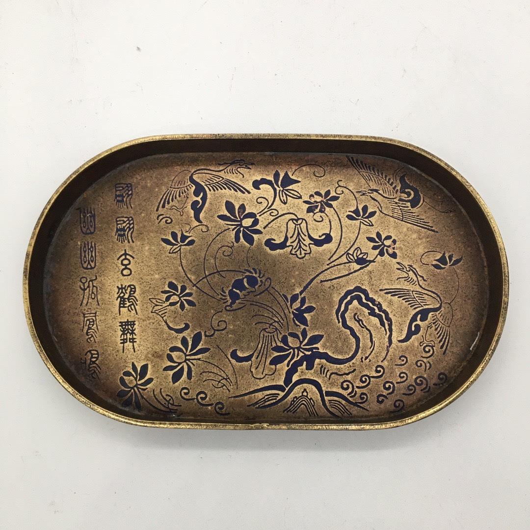 纯铜盘子纯手工漆绘仿古铜器茶盘托盘家居办公茶道装饰工艺品摆件