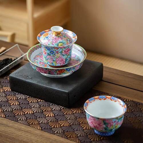 珐琅印记TF蓝万花三才大盖碗+龙鱼主人杯单独礼盒装