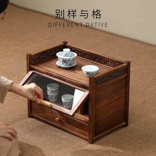 北美黑胡桃木博古架实木置物架茶具紫砂茶壶收纳架小型玻璃柜防尘