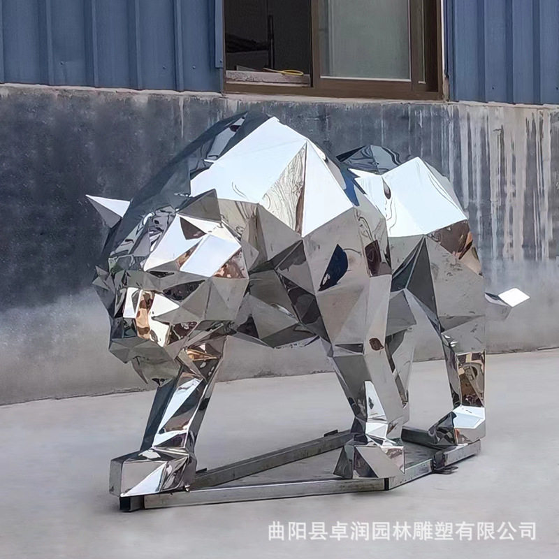 不锈钢几何镜面老虎雕塑切面抽象十二生肖动物公园广场景观摆件
