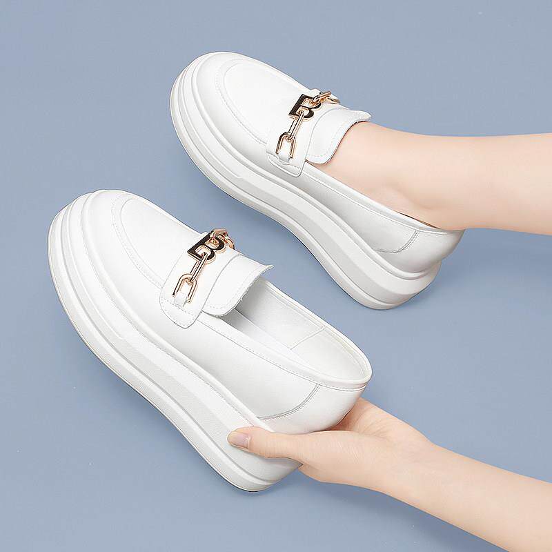 香港英伦风小皮鞋女款秋季软底女鞋真皮粗跟内增高厚底白色乐福鞋