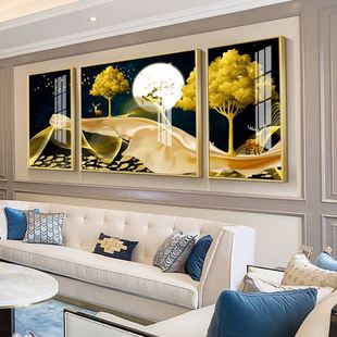 客厅装 挂画轻奢餐厅大气鹿三联玻璃壁画 饰画北欧沙发背景墙后面