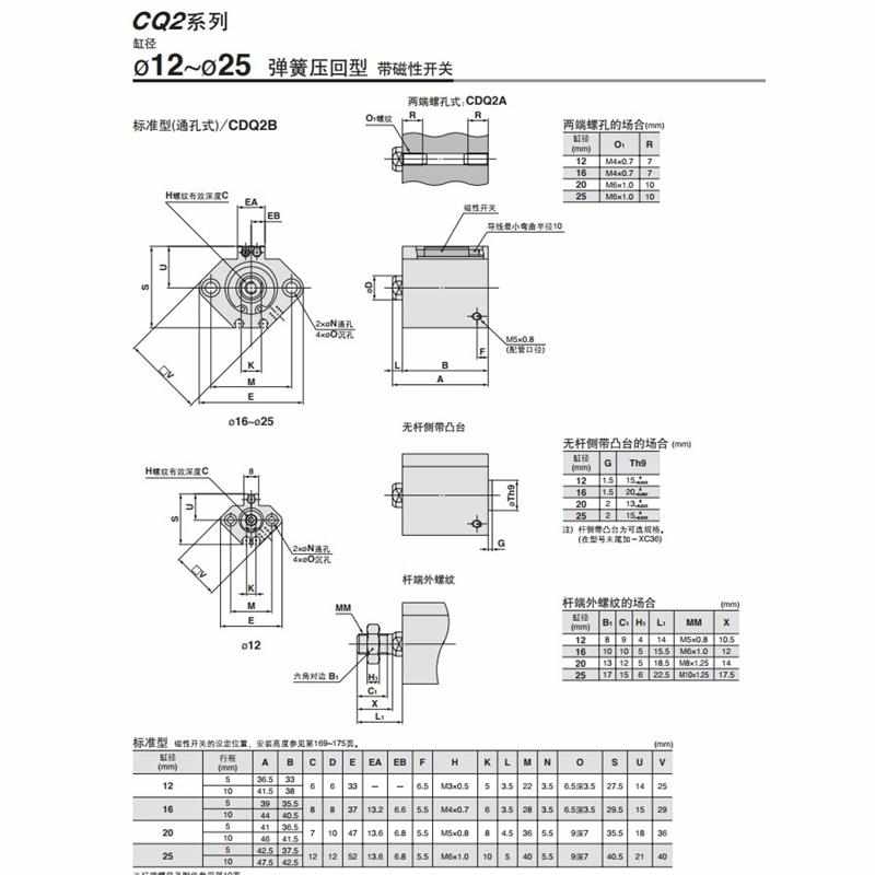 单作用弹簧气缸CDQ2B/CQ2B12-5S/10S/15S/20S/25S/30S/5SZ/10SCMZ