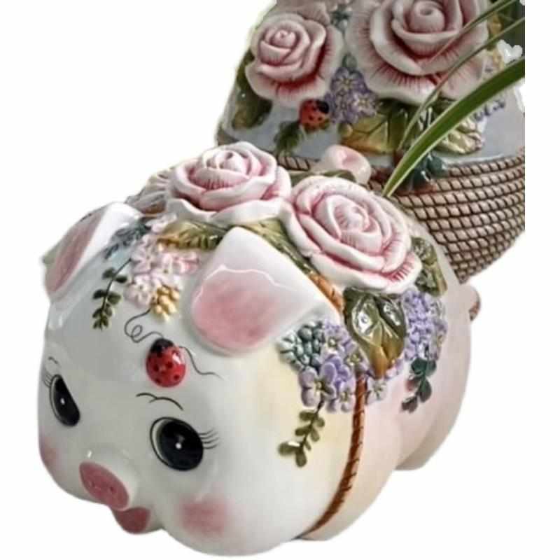 新新方亚幸福玫瑰猪存钱筒陶瓷储蓄罐零钱罐摆设新居摆件家居饰品