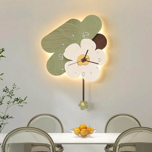 轻奢花朵客厅装饰画LED灯餐厅玄关时钟创意钟表氛围卧室家居挂钟