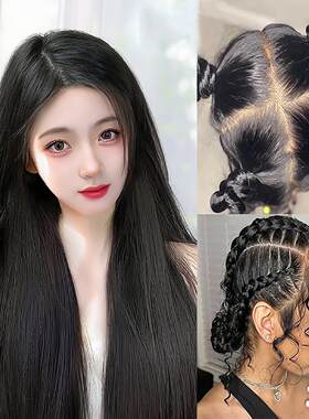 假发女式全头套中分黑色长直发全人发手工编织假发套夏季轻薄可系