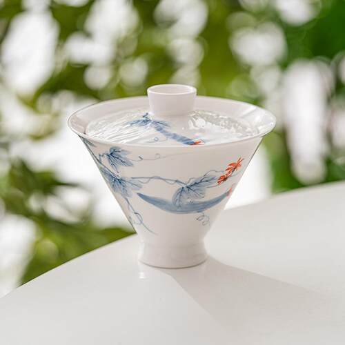 德化手绘丝瓜斗笠盖碗单个高档家用防烫泡茶碗白瓷敬茶碗带盖大号