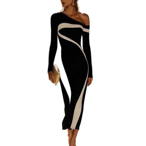 Women's Autumn Winter Skinny Contrast Color One-Shoulder