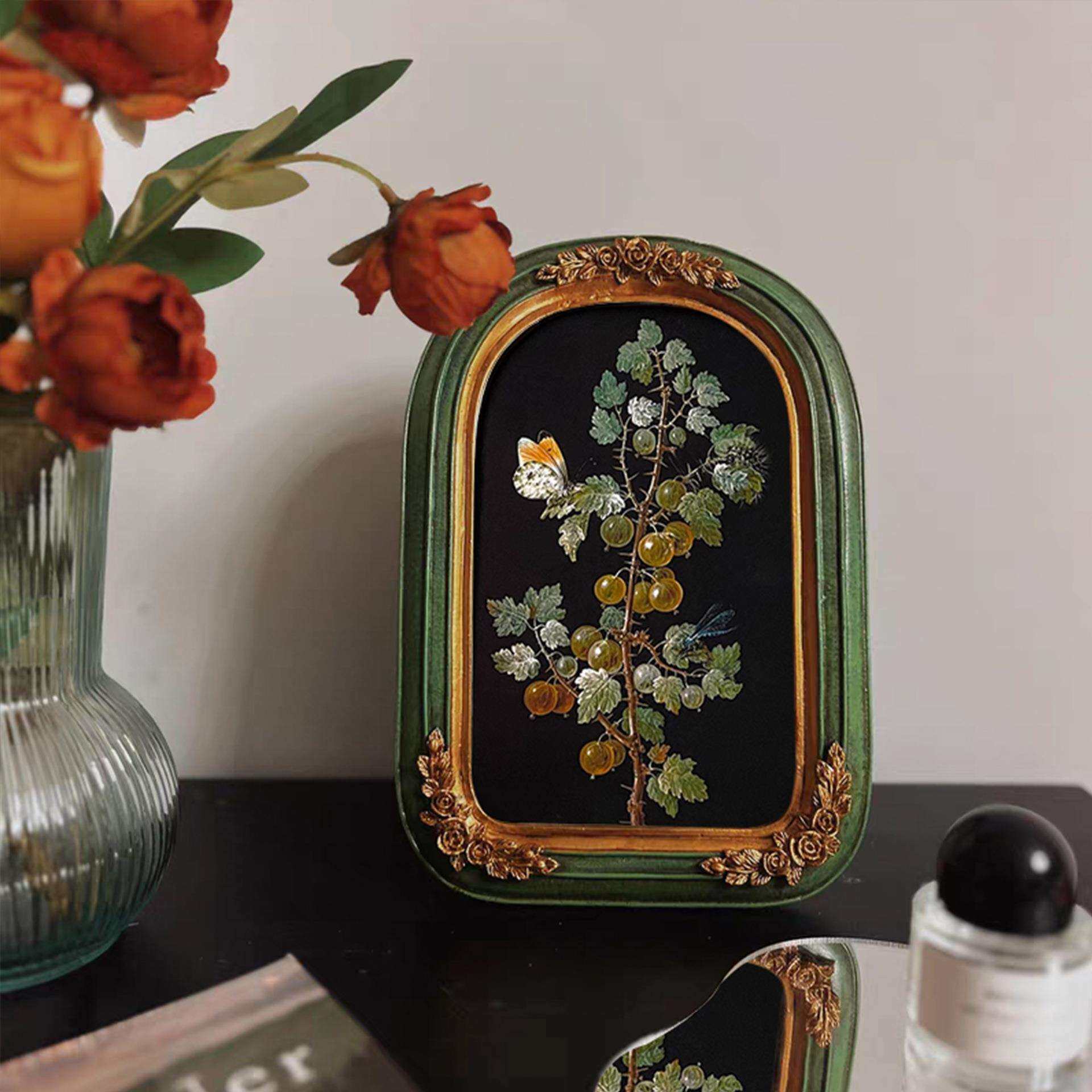 中古小众古典复古怀旧装饰画法式植物花卉拱形框美式挂画餐厅房间