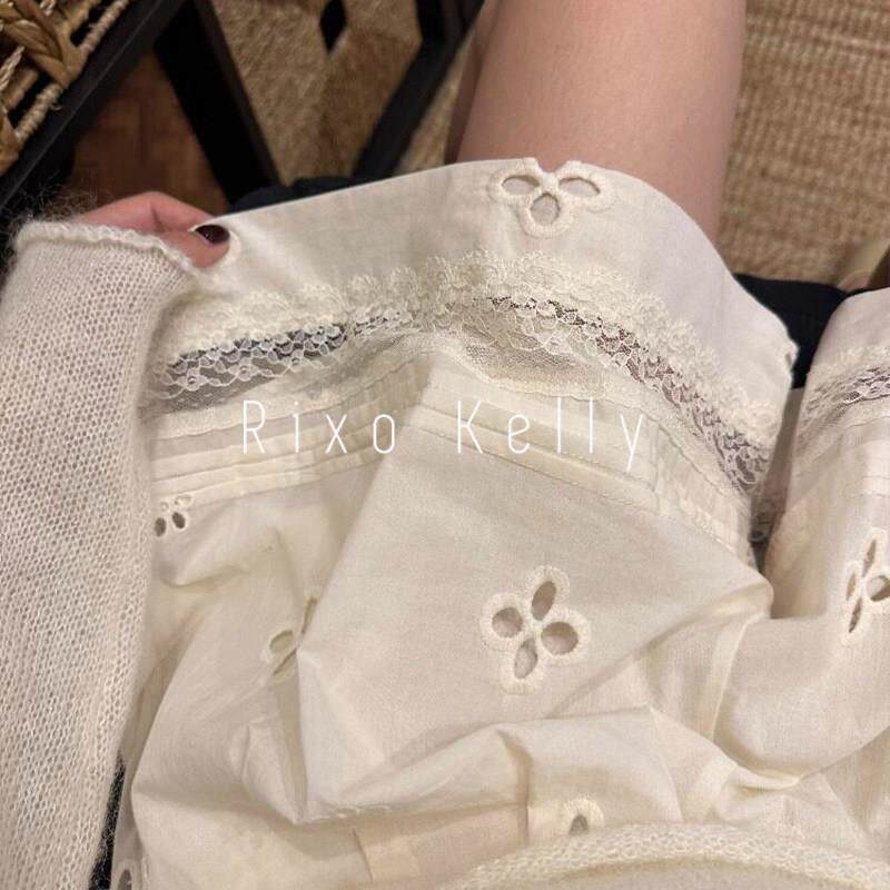 Rixo Kelly米白色镂空蕾丝亚麻短裤女夏季独特裤子休闲a字阔腿裤