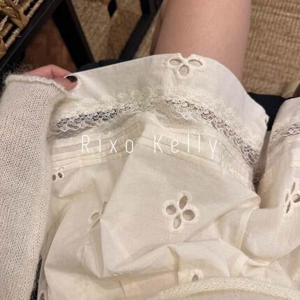 Rixo Kelly米白色镂空蕾丝亚麻短裤女夏季独特裤子休闲a字阔腿裤