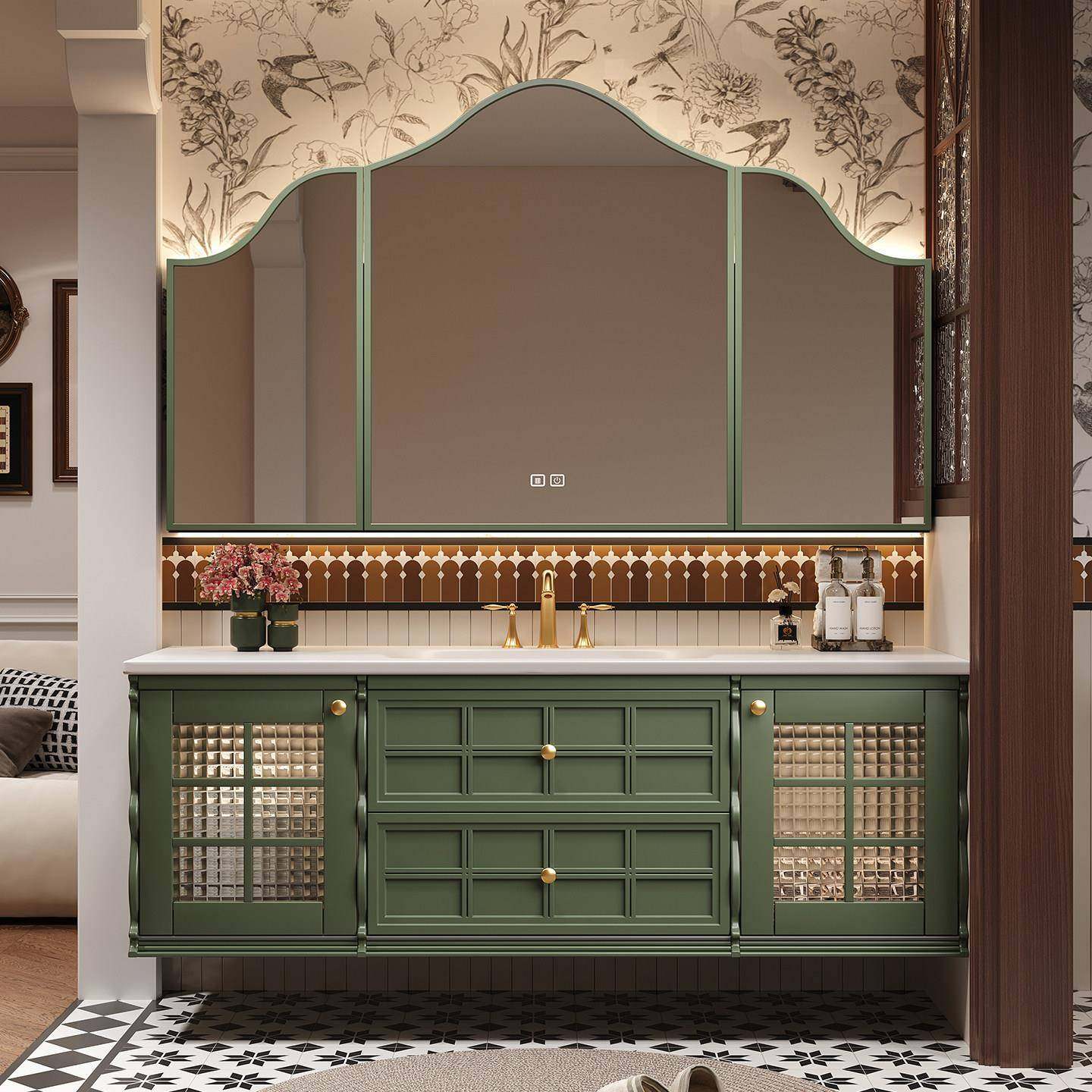高端法式复古浴室柜组合橡木卫生间岩板洗漱台洗手脸盆柜绿色定制,家装主材,浴室柜组合,淘宝优惠券,粉丝福利购,淘宝优惠卷