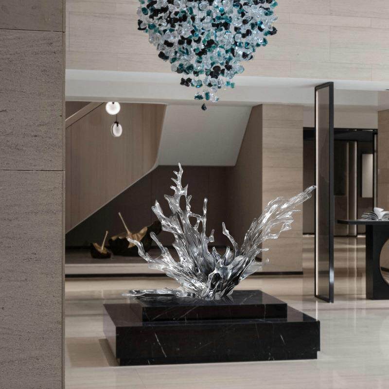 透明水花摆件现代轻奢透树雕脂塑水花浪花摆明件店大堂样板房酒艺