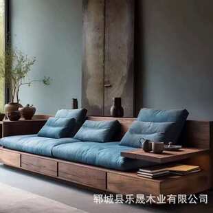 沙发风老家用沙发床罗汉排直榆木客厅沙发椅带床实木侘寂沙发抽屉