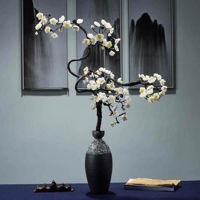 中式复古黑色陶瓷花瓶仿真花傲骨梅花枝腊梅插花室内摆件家居装饰