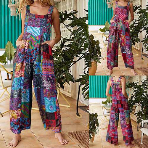 WoodBerry Womens Patchwork Dual Pocket Jumpsuit Loose Floral