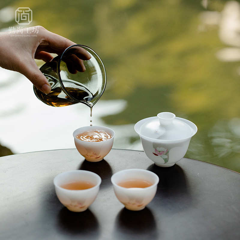 冰种玉瓷盖碗旅行茶具套组陶瓷泡茶碗茶杯整套户外便携功夫茶具