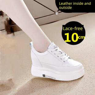 正品真皮厚底小白鞋内增高10CM黑色单鞋头层牛皮鞋轻便软底女鞋秋
