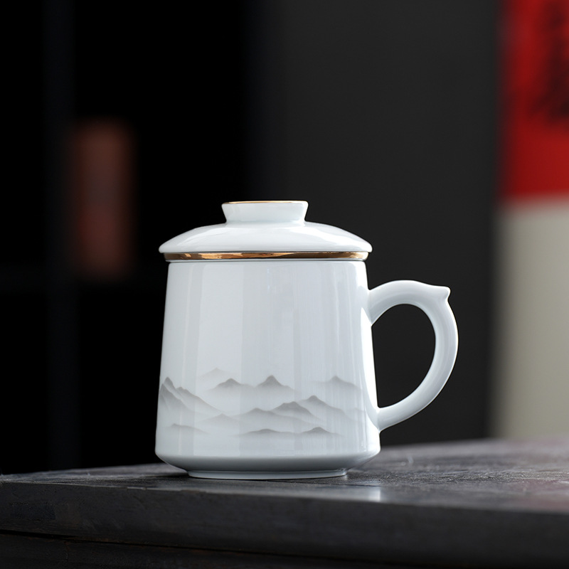 羊脂玉白瓷茶杯描金办公杯茶水分离杯水杯男女士泡茶杯带过滤