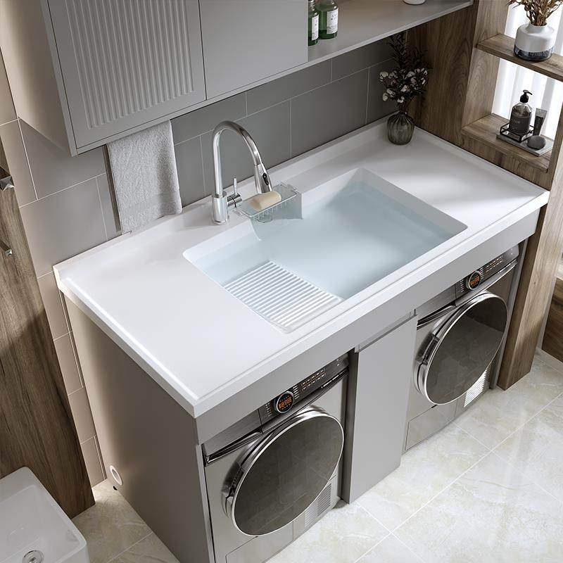 烤漆不锈钢双洗衣机阳台柜烘干机组合双机位洗手盆柜一体台盆定制