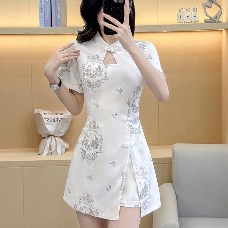 新中式国风花色短袖性感旗袍技师服显瘦连衣裙两件套工作服+短裤