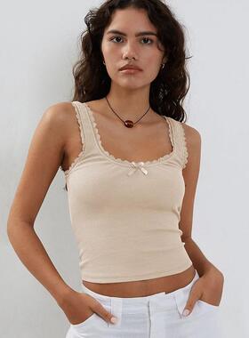 Women's Lace Trim Crop Tank Top, Style Solid Sleeveless Crop