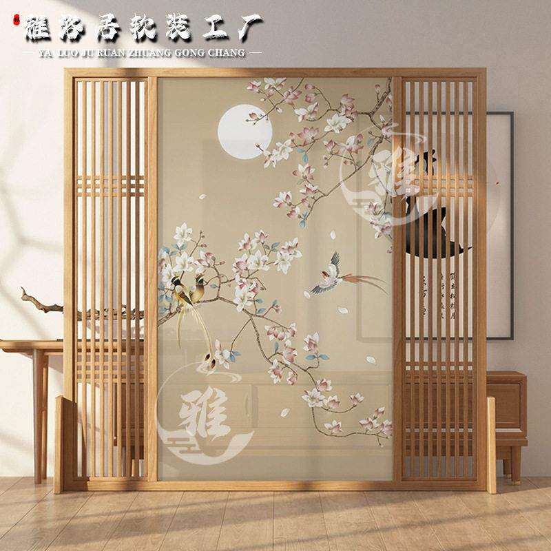 新中式客厅餐厅隔断半透明花鸟实木屏风现简约茶室圆形装饰灯画