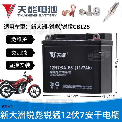 适用新大洲锐猛锐彪CB125摩托车免维护蓄电池12V7A天能干电瓶