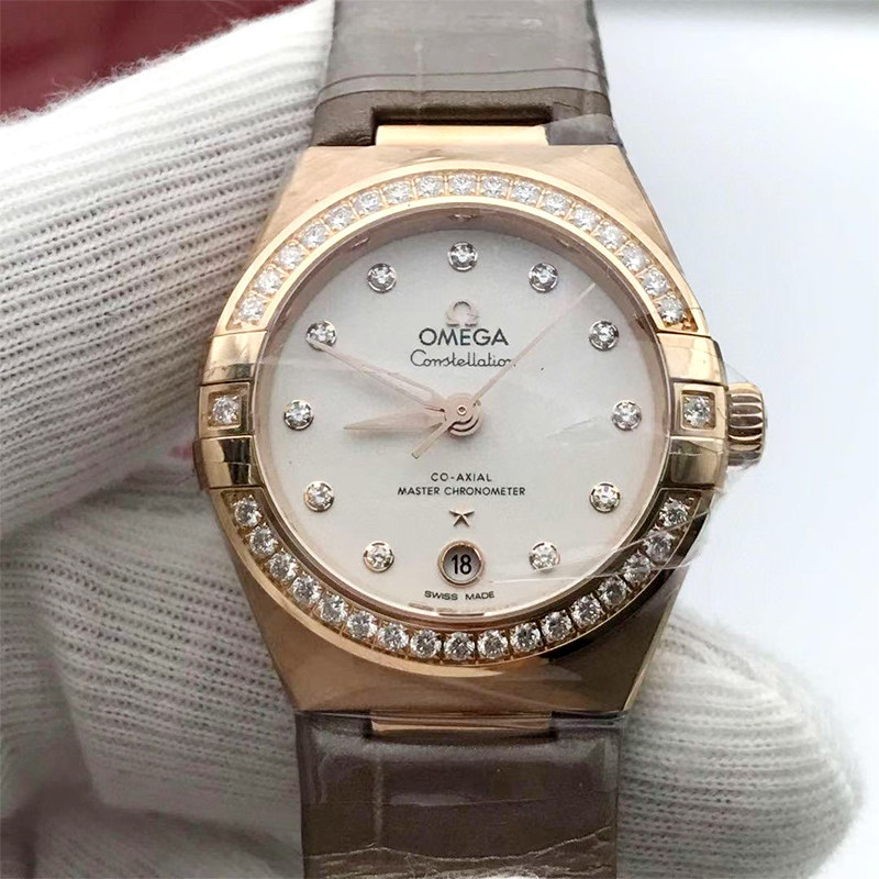 捡漏99新】29mm 欧米茄星座系列18K玫瑰金镶钻石自动机械女表正品