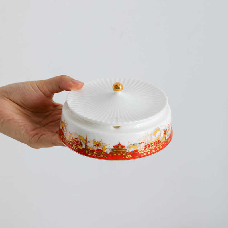 蜀门中国风陶瓷烟灰缸办公室家用简约白色创意带盖防飞灰烟灰缸