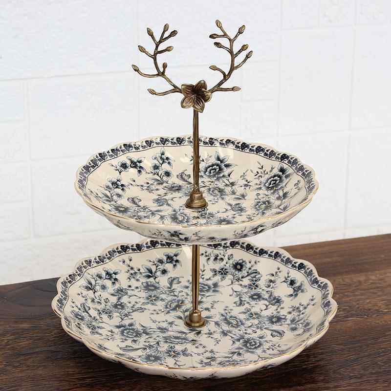 高档欧式覆古双层水中果盘干美式瓷双陶层零食糖果饼盘国风创意新