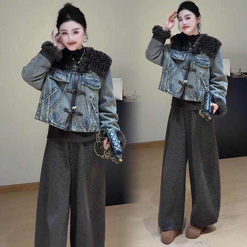 香港代购时尚复古牛仔羽绒服女冬季新款韩版羊羔毛拼接保暖外套潮