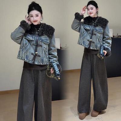 香港代购时尚复古牛仔羽绒服女冬季新款韩版羊羔毛拼接保暖外套潮