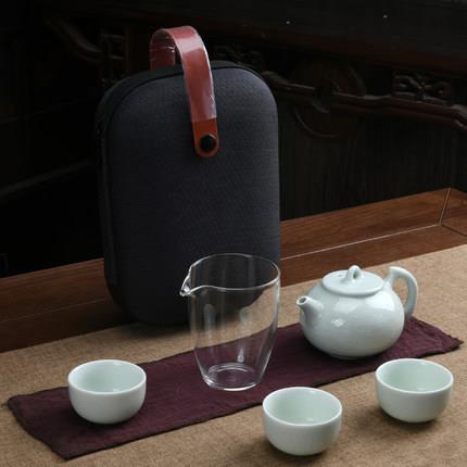 汝窑开片功夫旅行茶具套装家用简约便携玻璃户外迷你一壶三杯