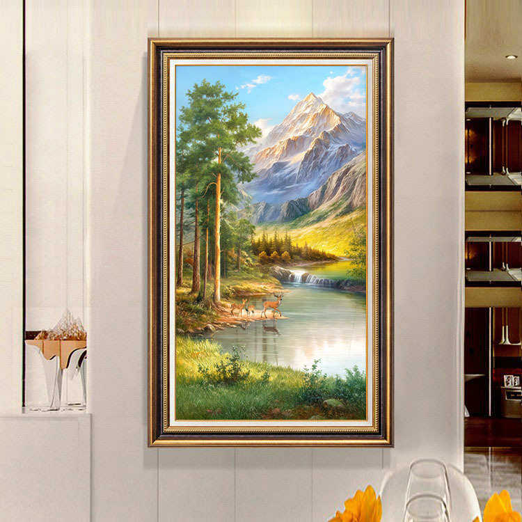 奢山水高级轻聚宝盆挂画正壁画走廊金山入户油画感玄关对门装饰画