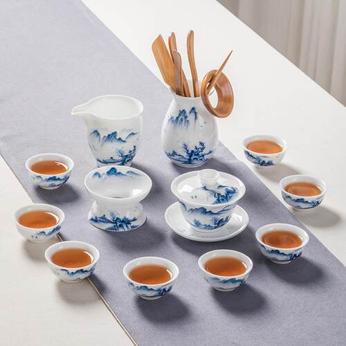 高档古覆白瓷功夫茶具套装家办公室茶绘壶盖碗茶杯陶庭瓷手山水礼